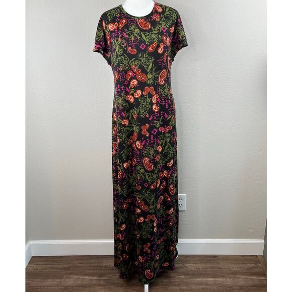 Lularoe Maria Black Multicolor Paisley Floral Maxi Dress Short Cap Sleeve Medium - Picture 11 of 12